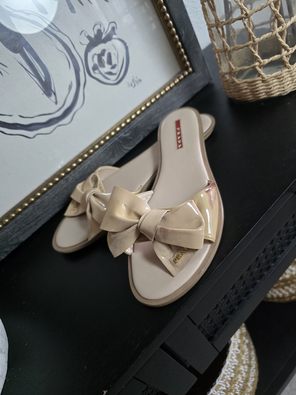 Prada Women's Chic Bow Patent Leather Beige Logo Slide Sandals 39.5
